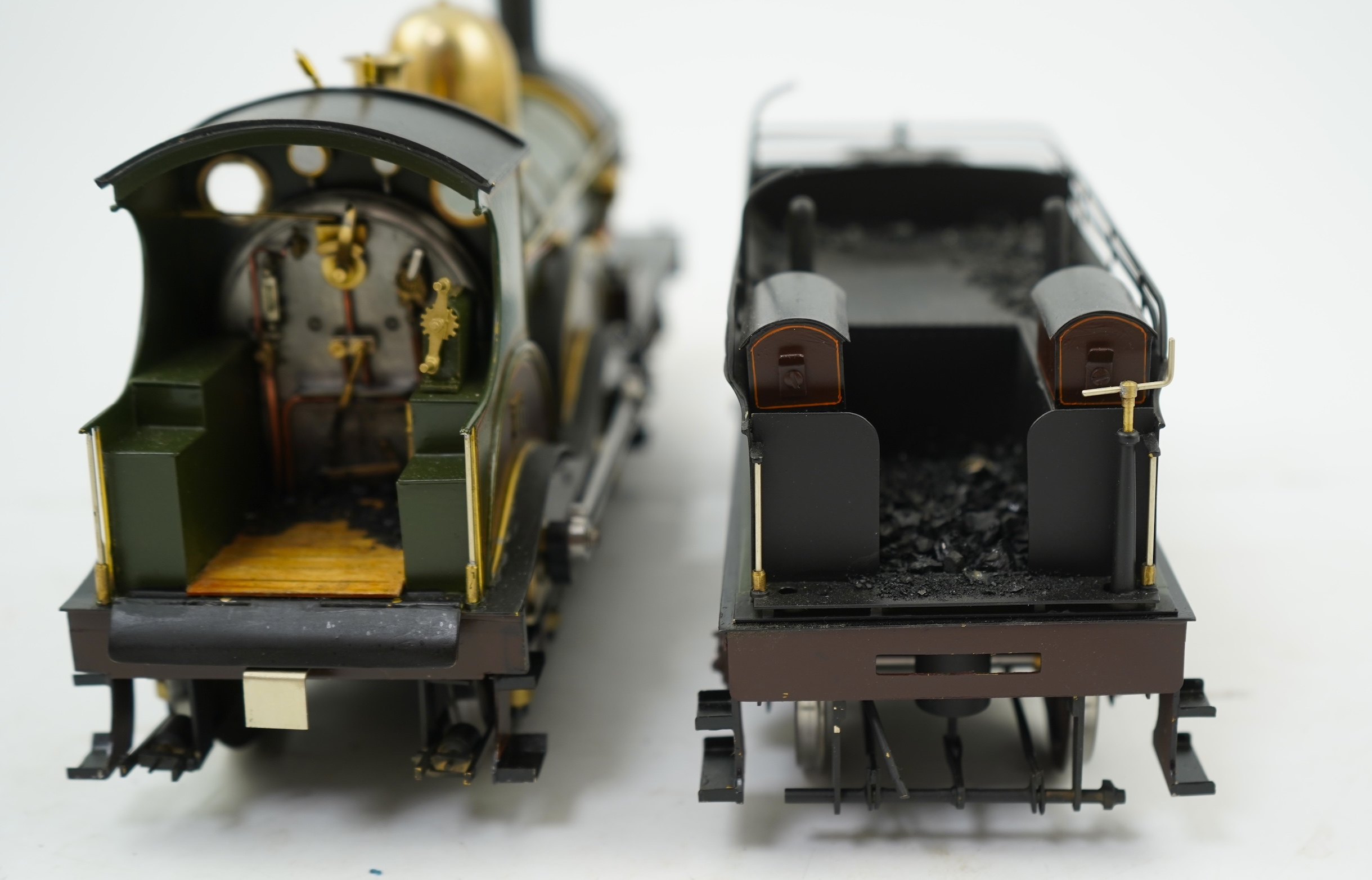 A Gauge One model of GWR Armstrong Class, Brunel 16, 4-4-0 tender locomotive, constructed, painted and lined to a very high standard and left unpowered to allow room for the detailed fire box.